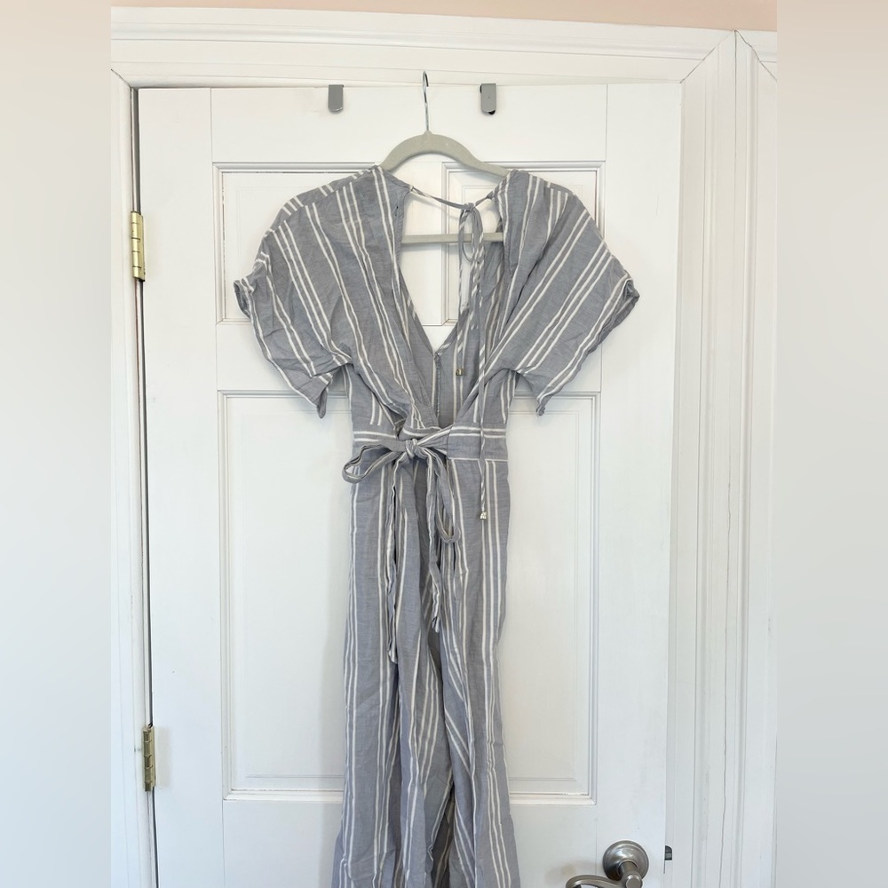 Chambray striped romper, open-back, adjustable waist with tie